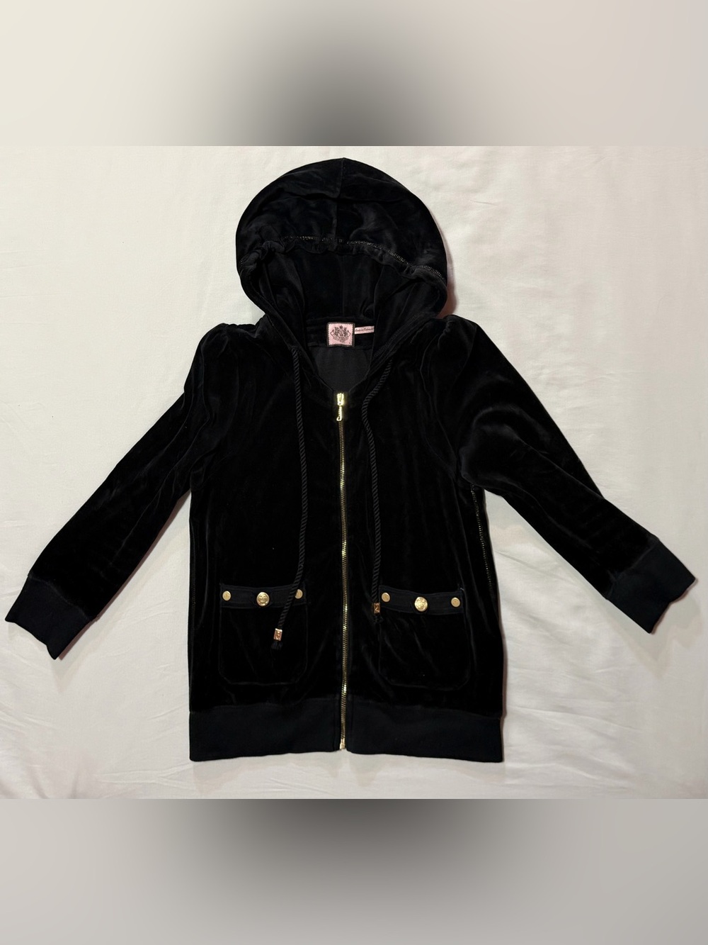 Vintage Juicy Couture Black Velour Full-Zip Hoodie Puff Sleeve Y2K Large